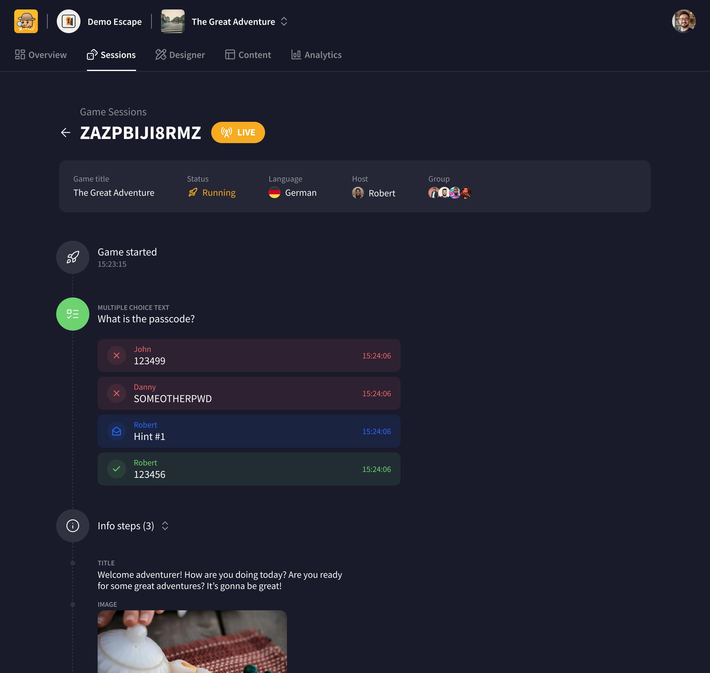 Game session live-tracking screenshot